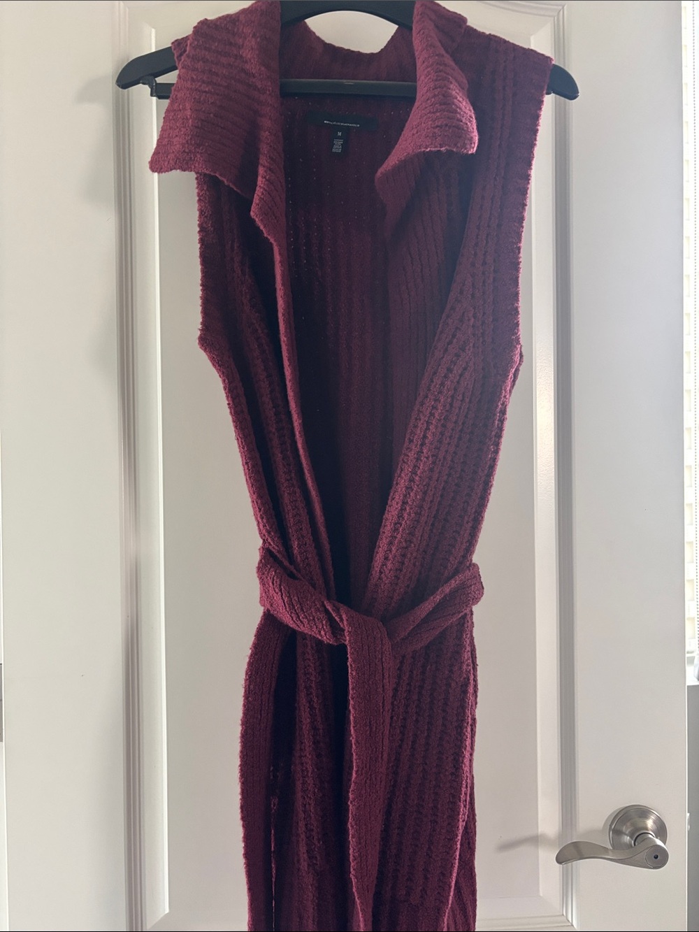 Sleeveless Knit Belted Long Cardigan Sweater - Wine